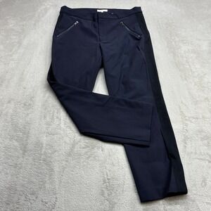 Rebecca Taylor Tuxedo Stripe Trousers Women 10 Navy Blue Slim Leg Quiet Luxury